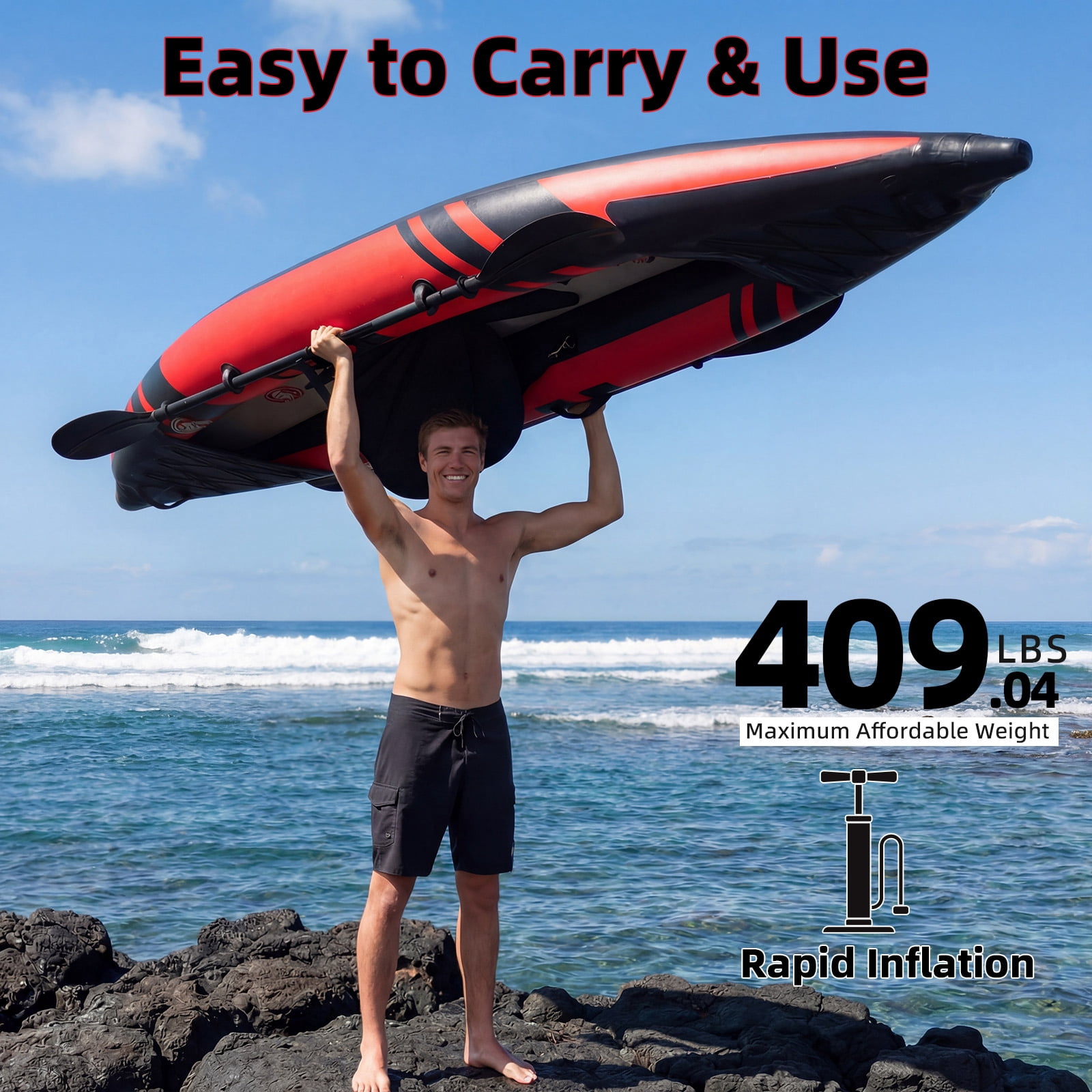 Danrelax 1-Person Inflatable Kayak with Drop-Stitch Floor, Lightweight, Portable, Durable Solo Kayak for Fishing, Touring, and Recreational Paddling, Red
