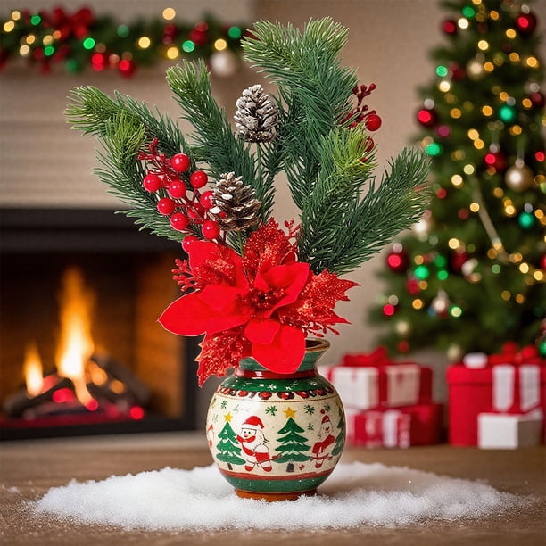 Ramo de Simulación Navideña, Piñas, Agujas, Frutos Rojos, Flor de Pascua, Decoración para Fiestas Navideñas y Hogar.