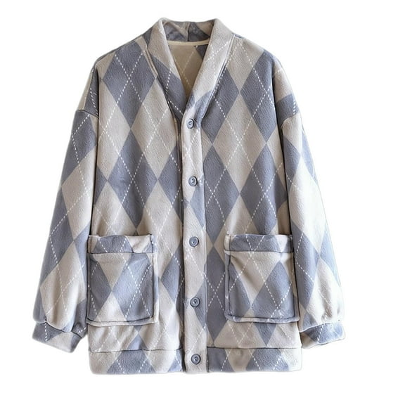 Men's Fleece Lined Pajamas Top Plaid Long Sleeve V Neck Button Down Homewear with Pockets Blue M