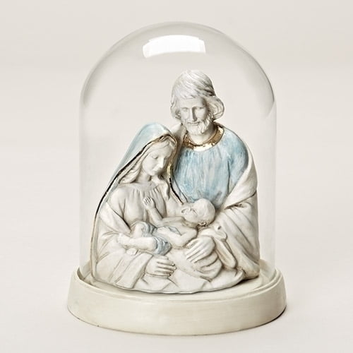 Roman 7" Or, Blanc Cassé, et Bleu Sainte Famille Sculpture Religieuse avec Cloche en Verre