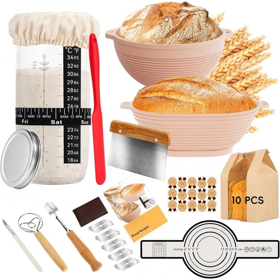 Sourdough Starter Kit, Silicone Banneton Bread Proofing Basket Set Sourdough Bread Baking Supplies, Sourdough Kit Bread Making Tools Gifts for Baking Lovers