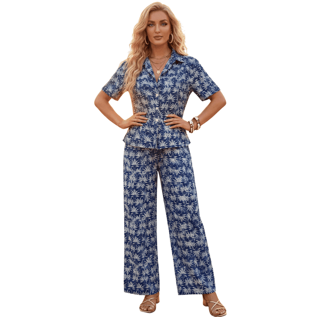 Conjunto 2 Piezas Estampado Floral, Camisa y Pantalón Amplio, Look Fresco y Elegante para Mujer