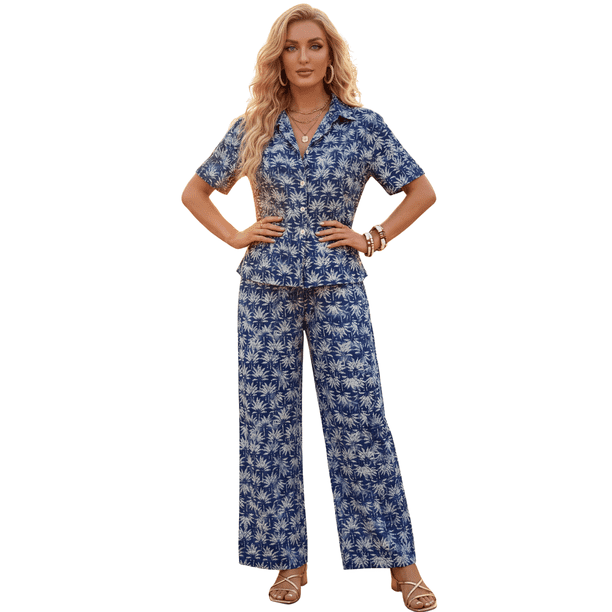 Conjunto 2 Piezas Estampado Floral, Camisa y Pantalón Amplio, Look Fresco y Elegante para Mujer