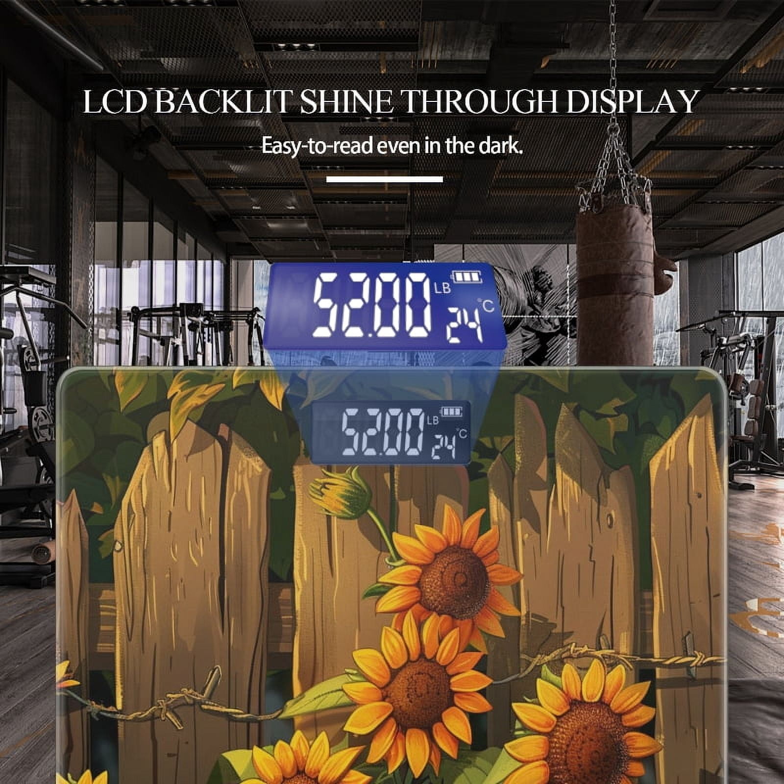 High Precision Body Weight Scale Smart Bathroom Scales with Large LCD Display(400lbs),Decorative for Bedroom-Wooden Fence With Sunflowers