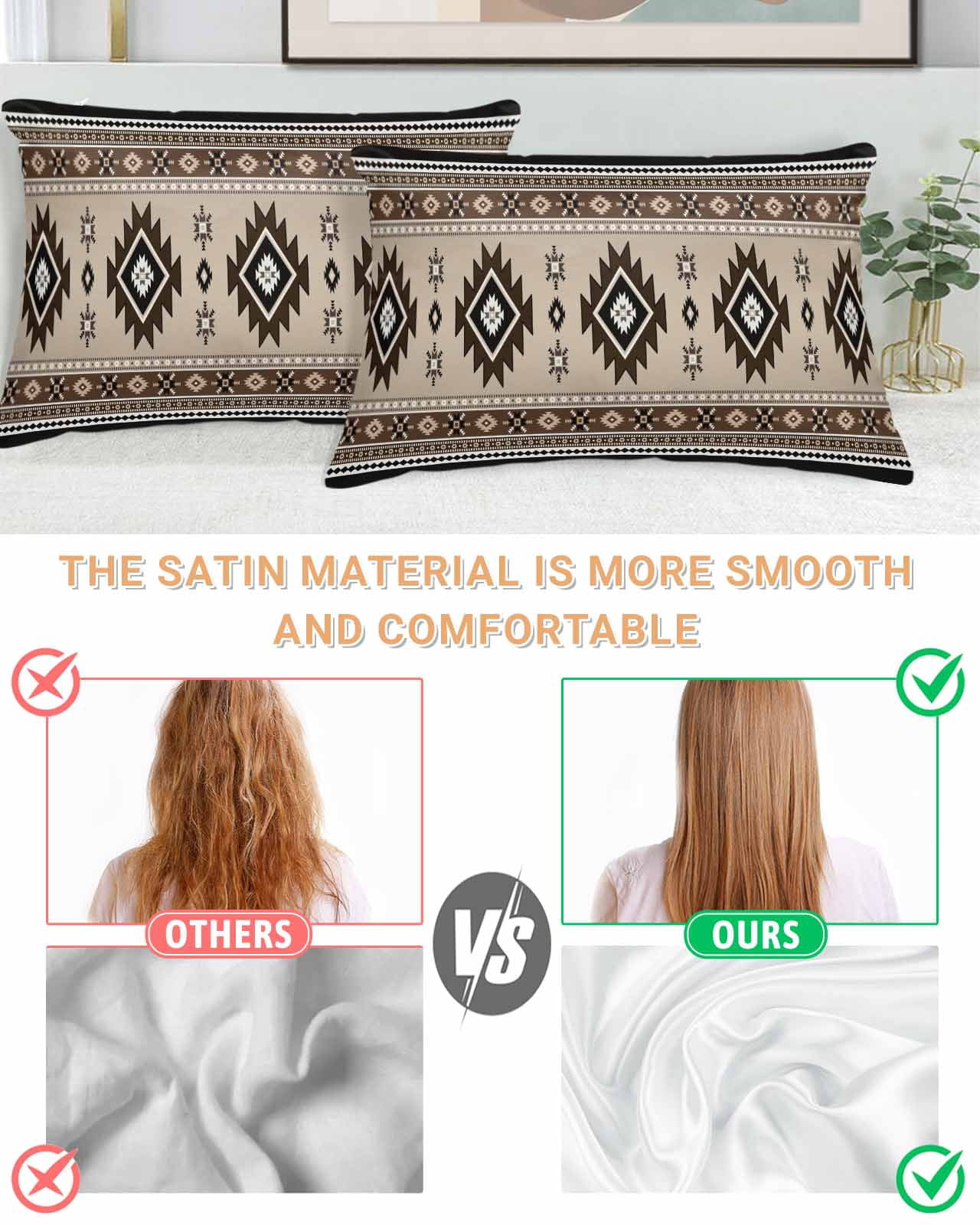 Brown Aztec Pillow Cases King Size Set of 2, Smooth Satin Pillowcase for Hair and Skin, Boho Southwest Ethnic Neutral Motifs Decorative Cooling Bed Pillow Covers with Zipper, 20x36 Inches