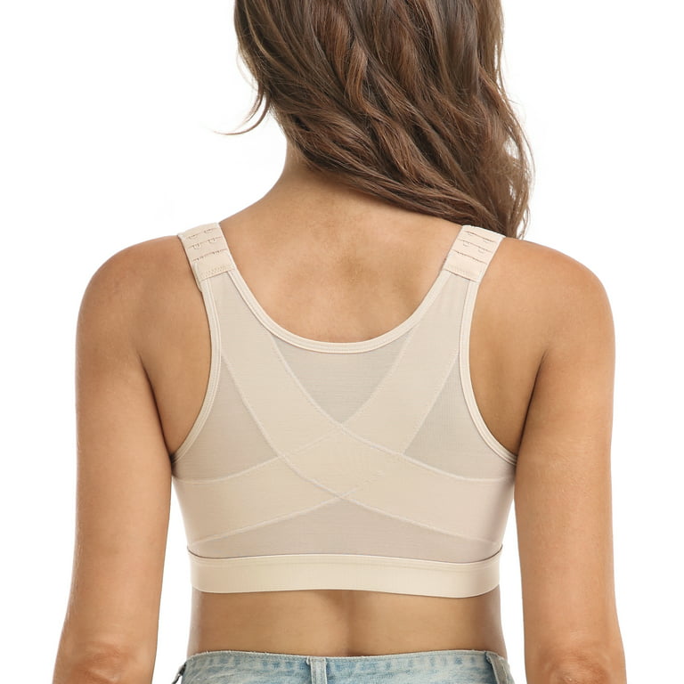 Exclare Women's Front Closure Full Coverage Wirefree Posture Back Everyday  Bra(Light Beige,44G)