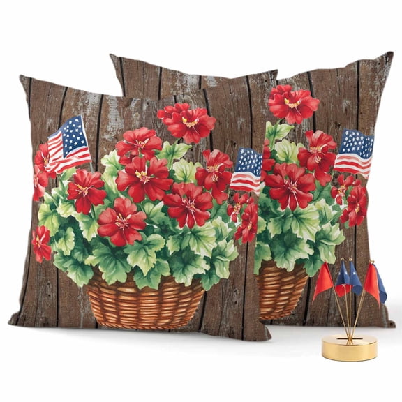2 Pack Outdoor Waterproof Throw Pillows,Vintage Watercolor Patriotic Flowers Decorative Square Pillow Case Patio Pillows for Chair Couch Sofa 16x16in