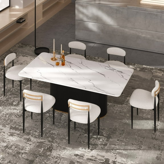 7-Piece Dining Table Set, White Faux Marble Kitchen Table and 6 Boucle Upholstered Armless Chairs, Modern Dining Room Furniture Set for 6,