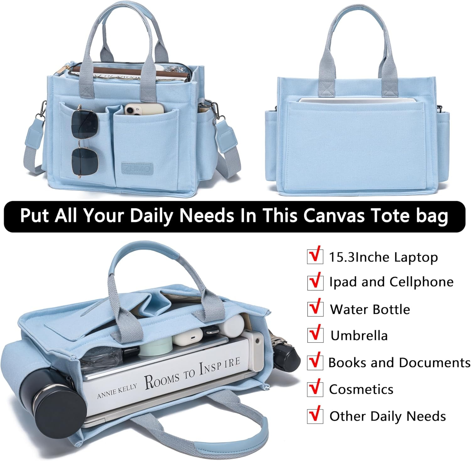 Large Canvas Tote Bag for Women With Pockets,Laptop Crossbody Purses Everything Everyday Bag Handbags for Work Beach