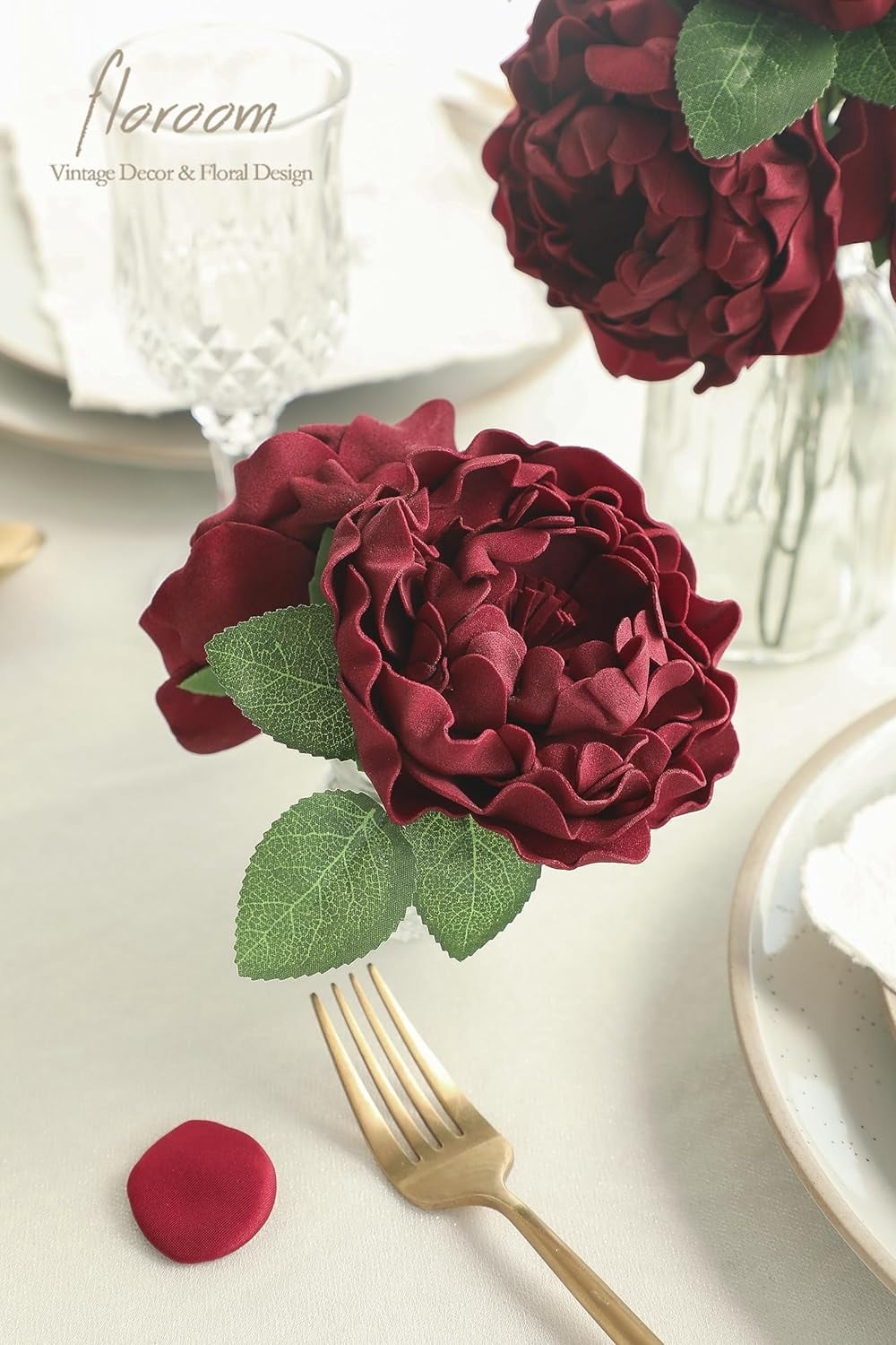 Artificial Flowers 16pcs 4" Burgundy Blooming Peonies Real Looking Foam Fake Roses with Stems for DIY Wedding Bouquet Dark Red Bridal Shower Centerpieces Floral Arrangements Tables Decorations
