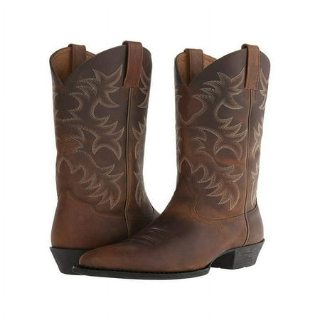 

Cowboy Boots for Men Comfortable Mid Calf Boot Embroidered Cowboy Shoes Brown 6