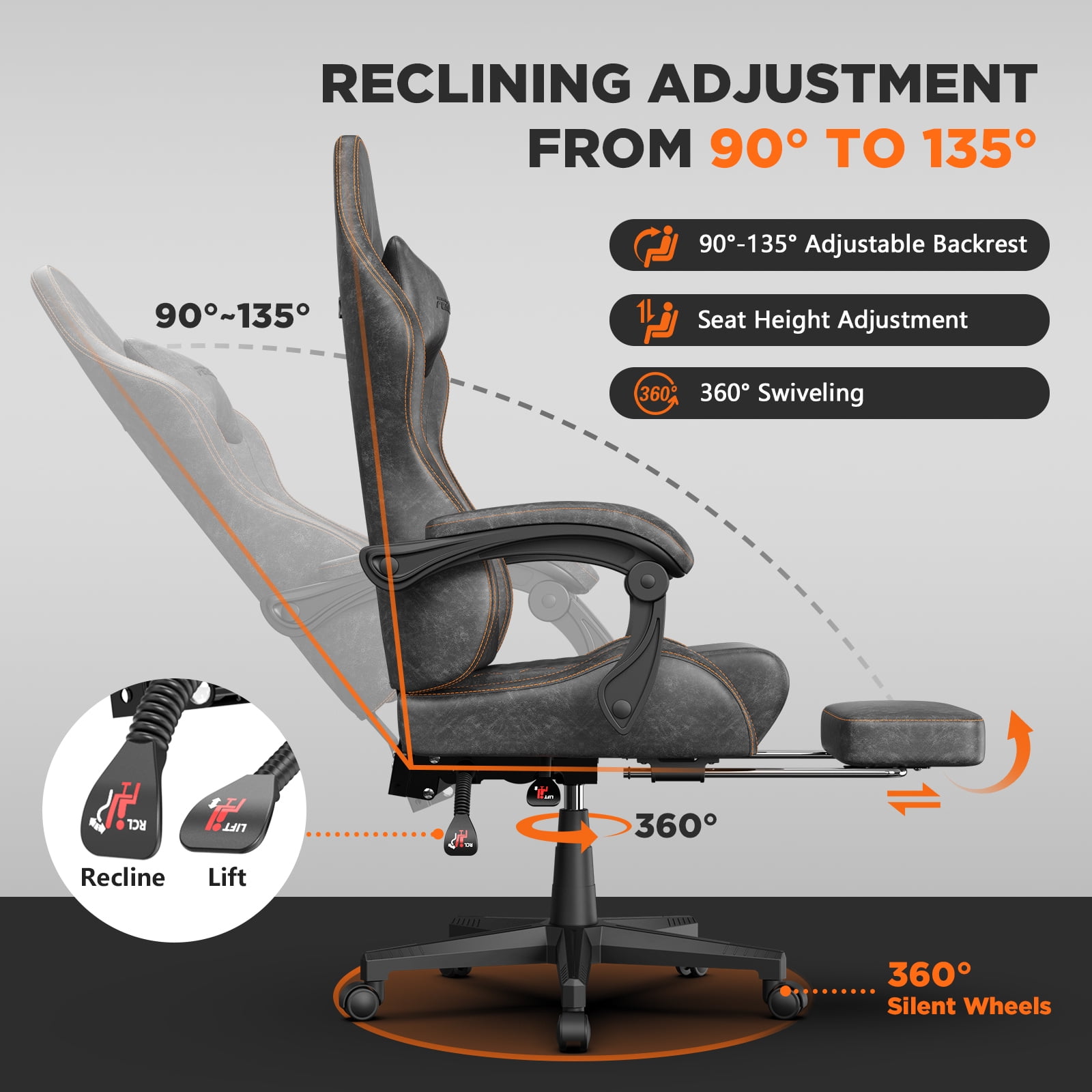 Luxvie Gaming Chair with Footrest Computer Ergonomic Office Chair with Massage Lumbar Support & Headrest, High Back Vintage Game Chair for Adults and Kids, Gray