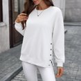 thumbnail image 5 of WTOBBY Women's Button Hem Slit Hoodie, Solid Color Casual Pullover, Long Sleeve Round Neck Top with Side Vent Design and Modern Street Style,White L, 5 of 8
