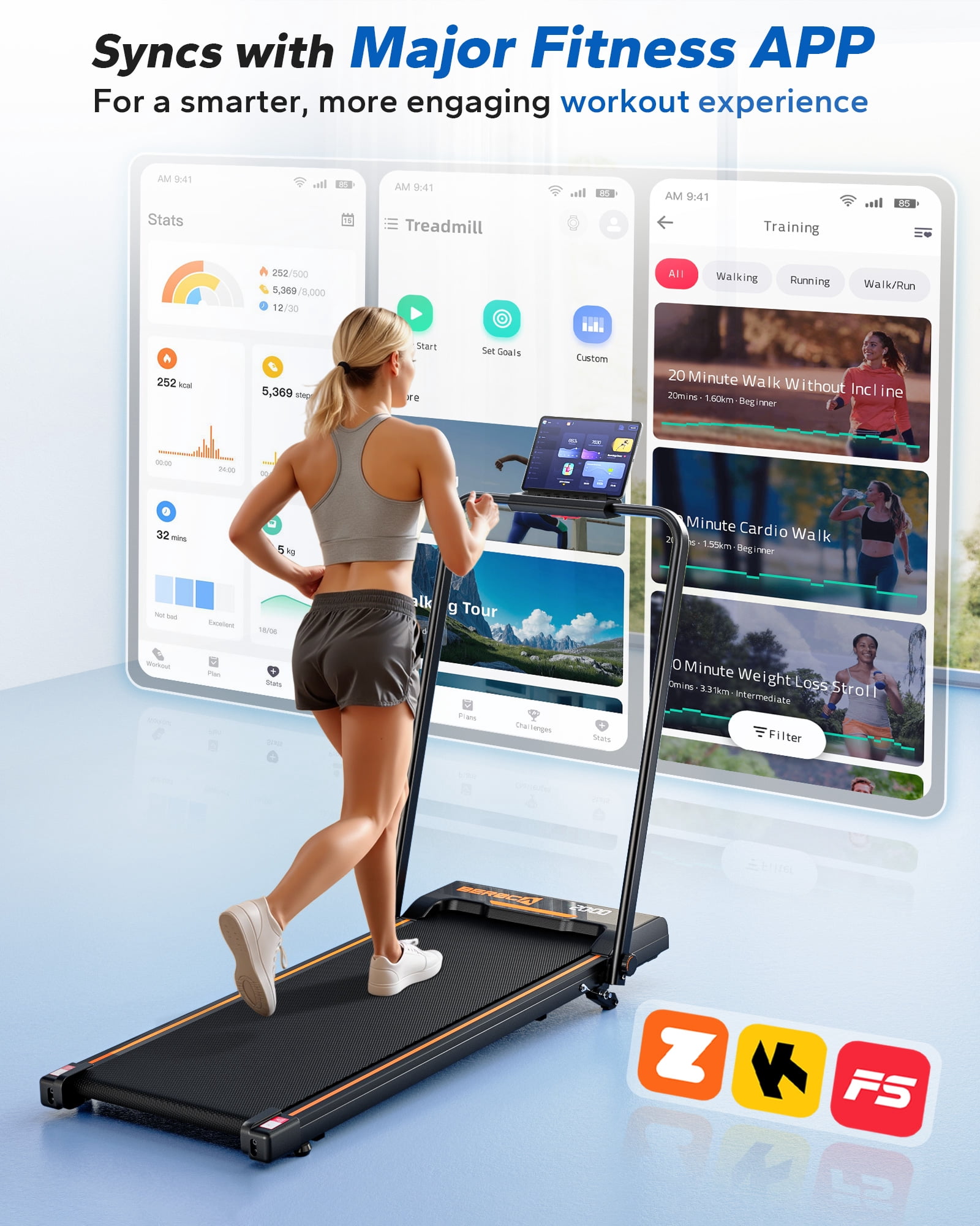 BEROCA Foldable Treadmill with Handle, 3HP Small Treadmill for Small Space Home Office, 300 lbs Under Desks Walk Pad with Handle Incline APP 3 Colors Lights