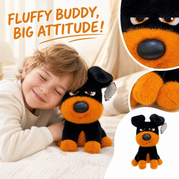 Adorable Cool Smiling Dog Black Yellow Plush Toy Ultra Soft Stuffed Animal Huggable Bedroom Decor Holiday Gift for Kids Students