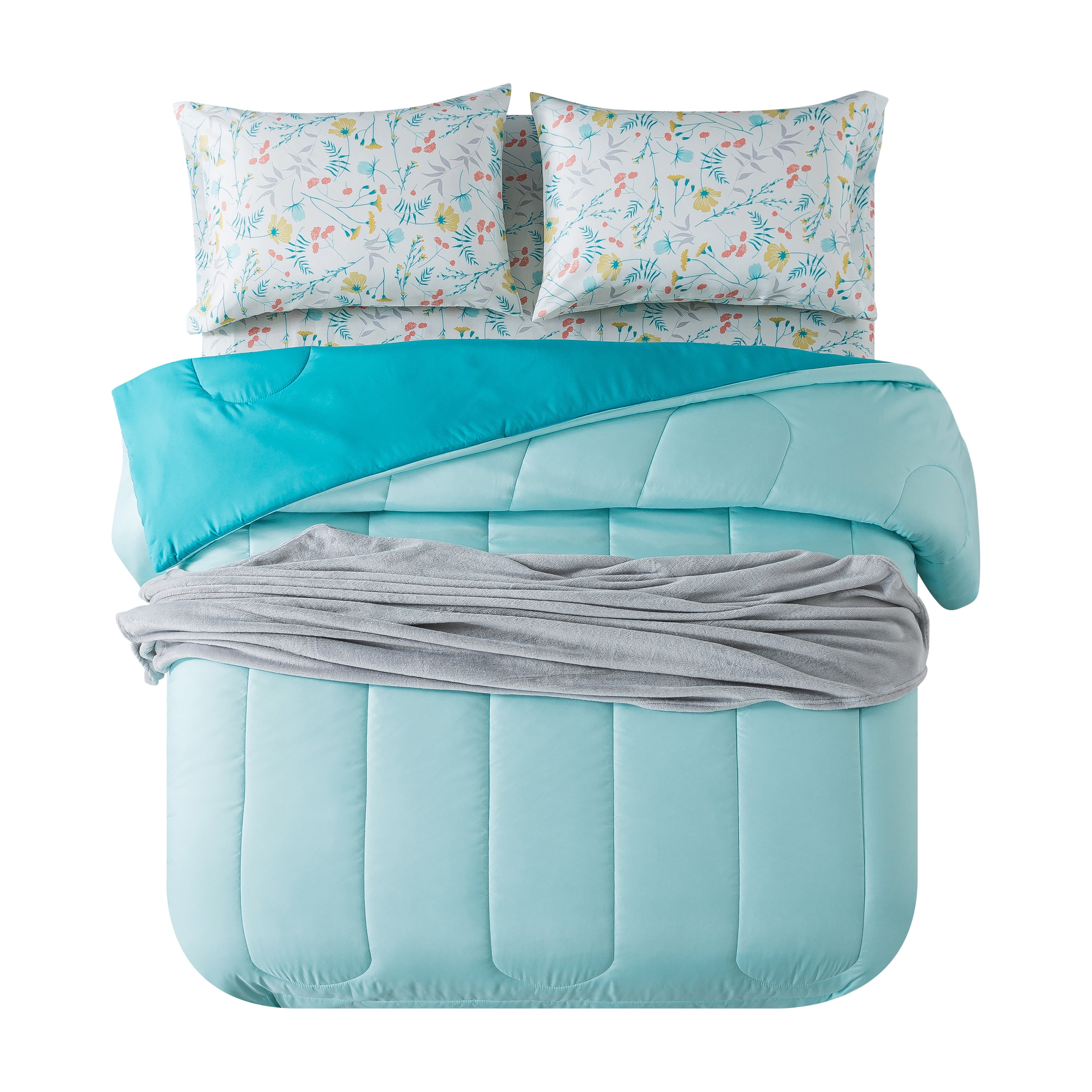 Mainstays Teal 5 Piece Bed in a Bag Comforter Set with Sheets and Plush Throw, Queen