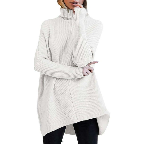 nsendm Womens Sweater Adult Female Clothes 90's Sweater Men Womens  Turtleneck Long Batwing Sleeve Asymmetric Hem Casual Pullover Womens  Oversized Sweatshirts White Size M 