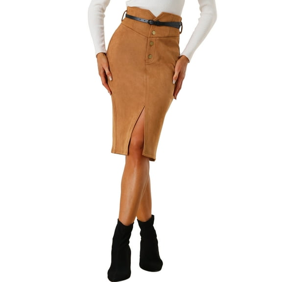 INSPIRE CHIC Faux Suede Skirt for Women's High Rise Button Front A-line Slit Skirt M Brown