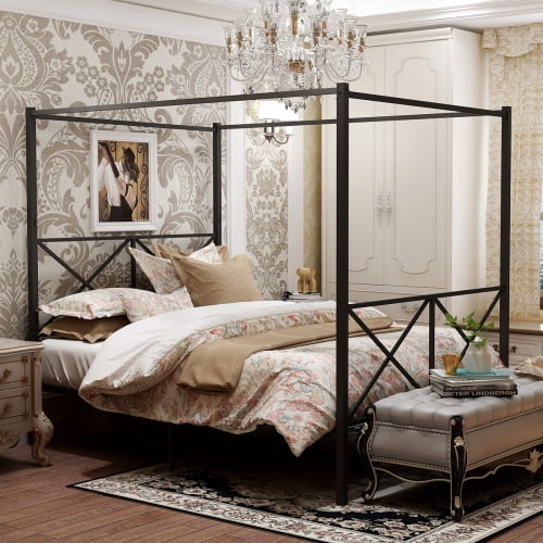 Canopy Bed Frame Aukfa Black Queen Size Metal Platform With X Shaped Can Hang Up Curtains Com Canopy Bed Frame Aukfa Black Queen Size, Can I Use Regular Curtains On A Canopy Bed Frame