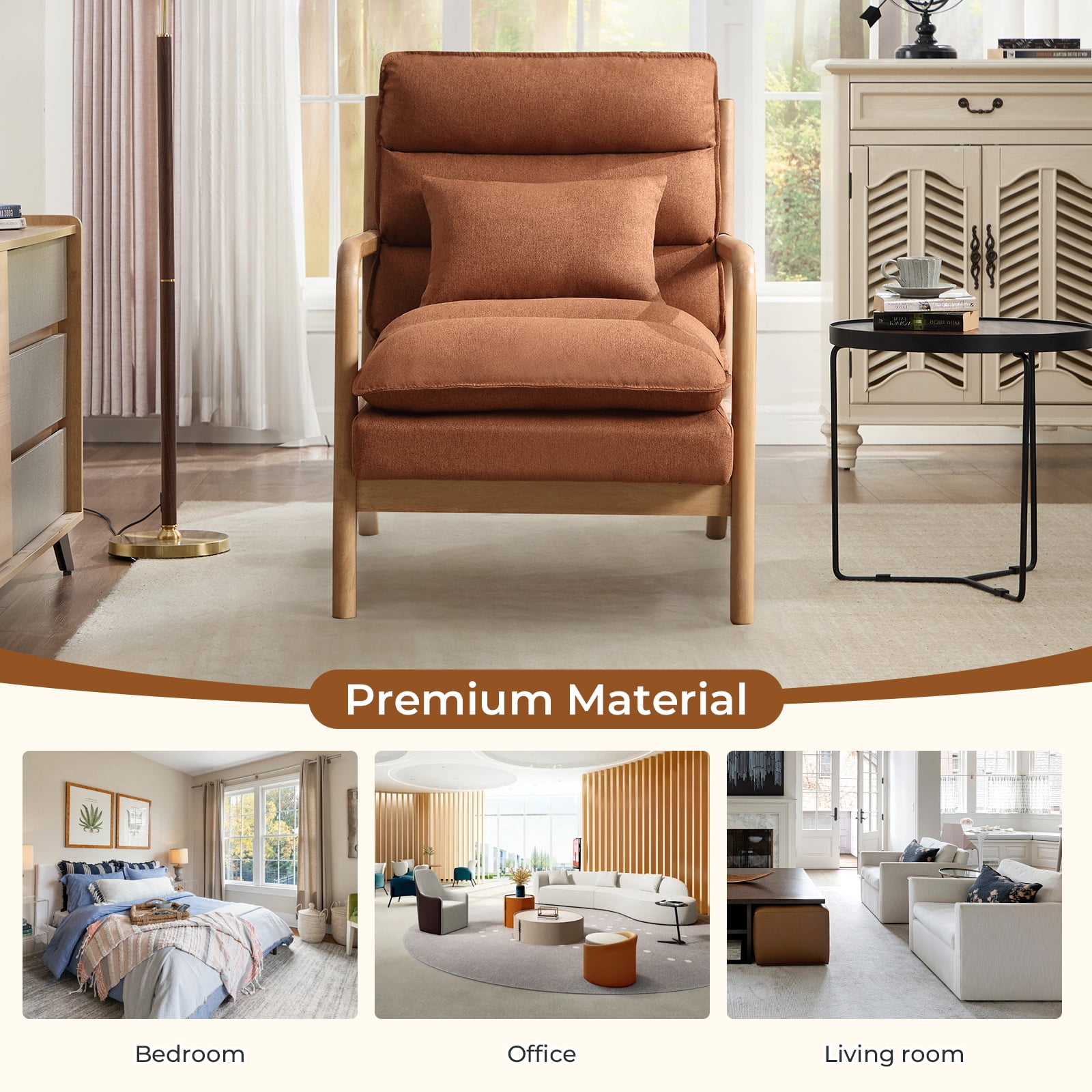 Ebello Mid Century Modern Accent Chair, Double-Padded Reading Armchair with Wood Frame & Lumbar Cushion for Living Room, Bedroom & Office, Brown