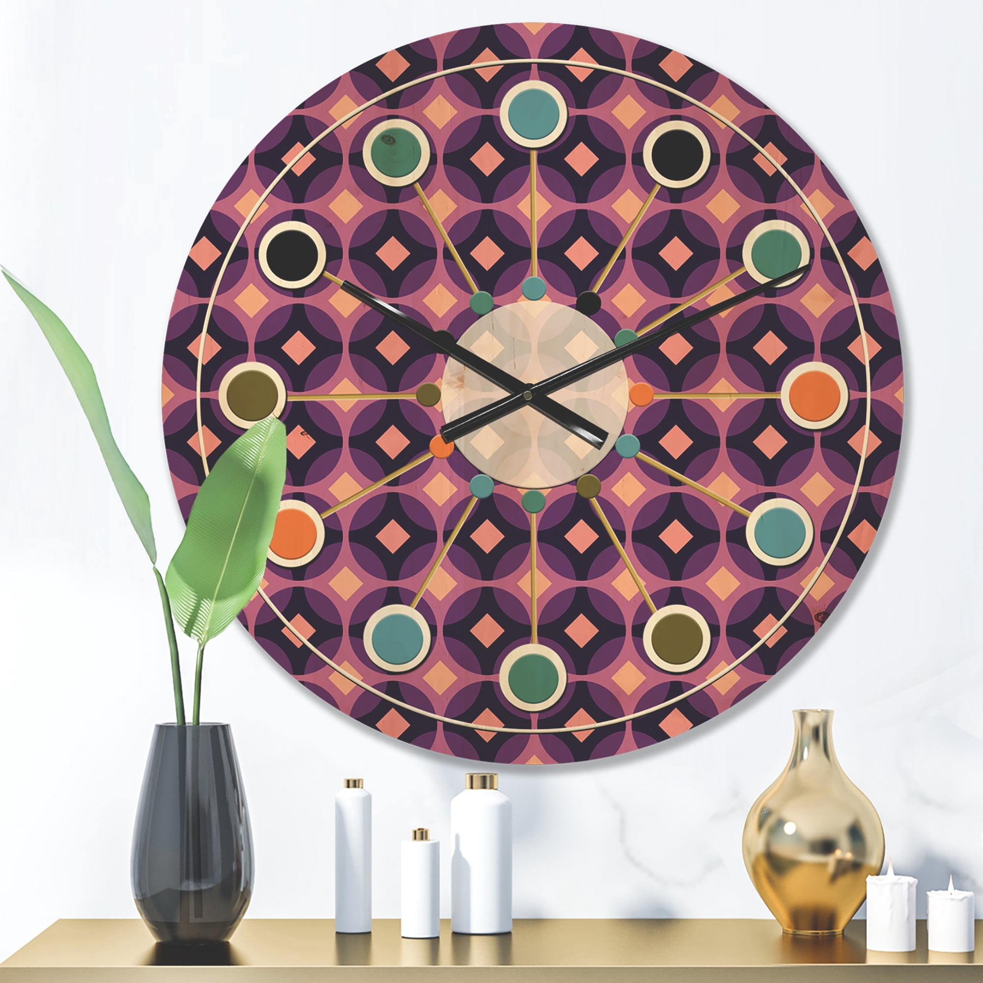 Designart 'Retro Circular Yellow and Purple Pattern' Mid-Century Modern Wood Wall Clock