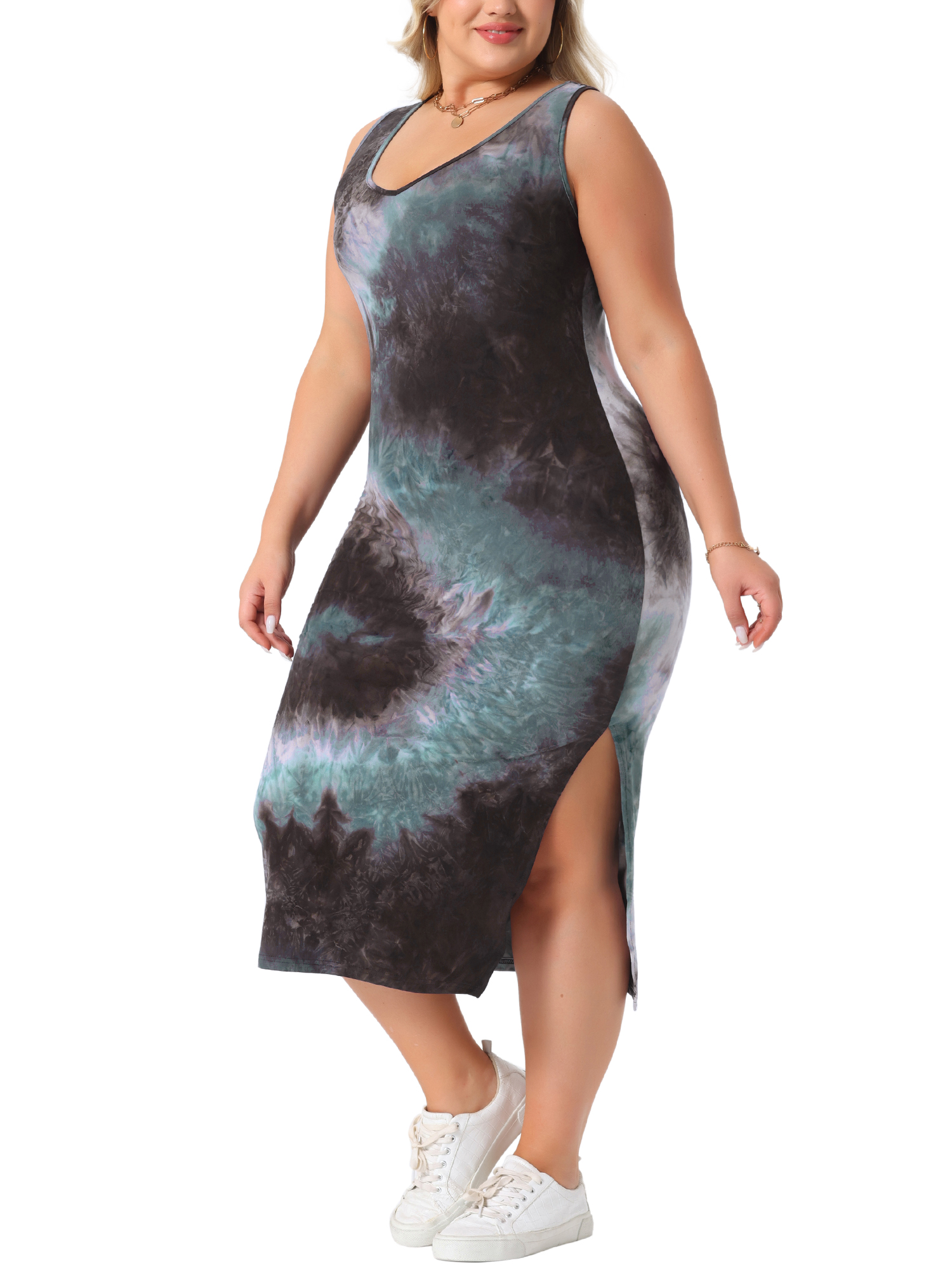 DARING DIVA Plus Size V Neck Slim Fit Tie Dye Midi Tank Dress 2X Gray Blue