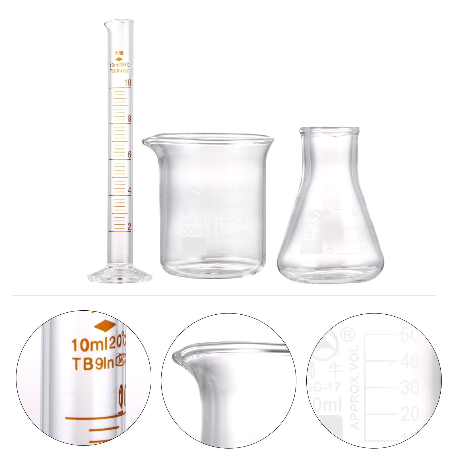 UKCOCO 3 Piece Graduated Measuring Cups with 3 Piece Graduated Cylinder  Beakers Science Measuring Test Tube Flasks