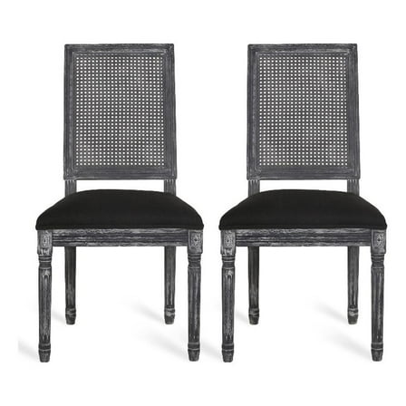 Marsie Dining Chair Set of 2- Black Fabric- Wood Frame Cane Backrest