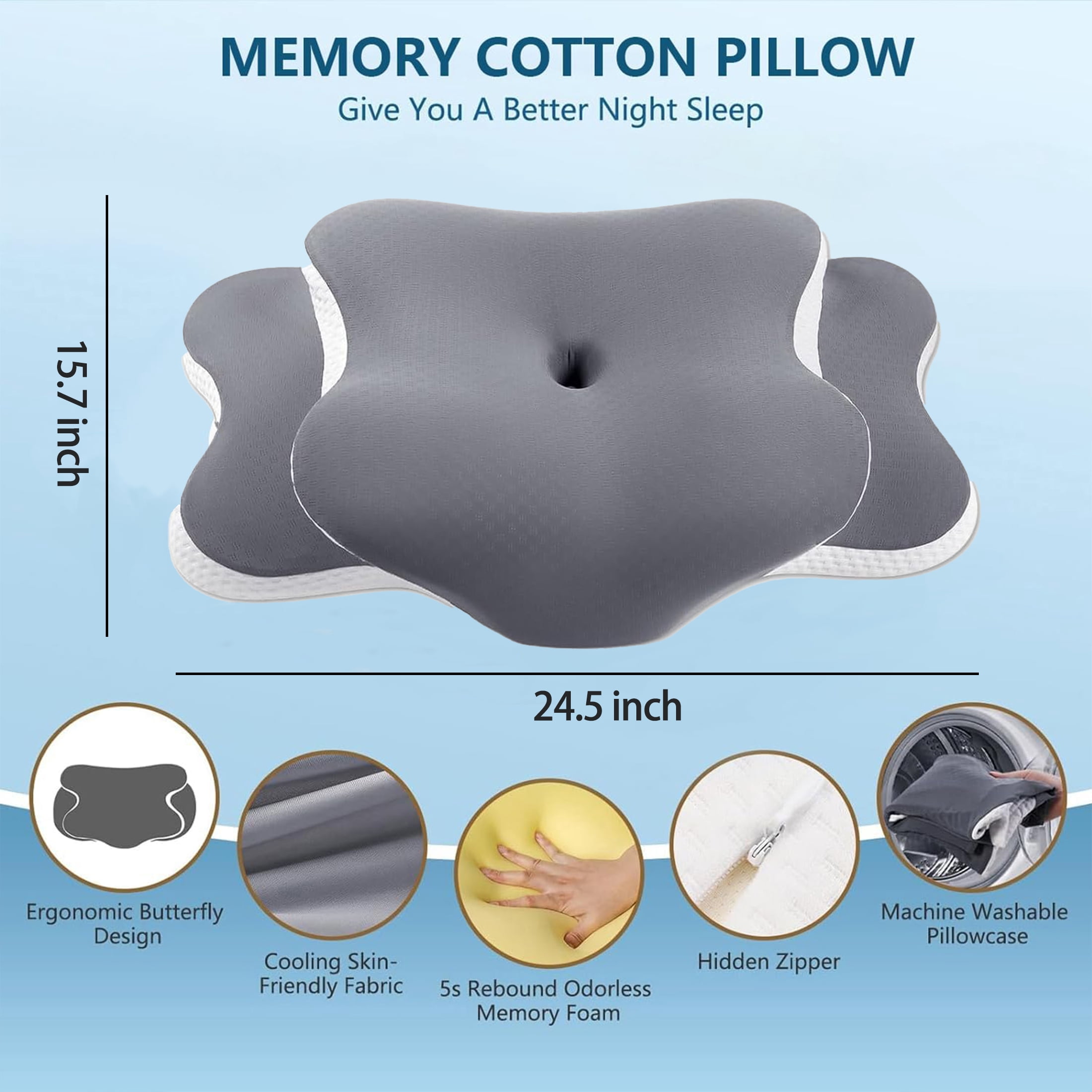 MOONORAH Cervical Memory Foam Pillows for Neck and Shoulder, Contour Bed Pillow, Ergonomic Neck Support Pillow for Side Back Stomach Sleepers with Pillowcase, Gray