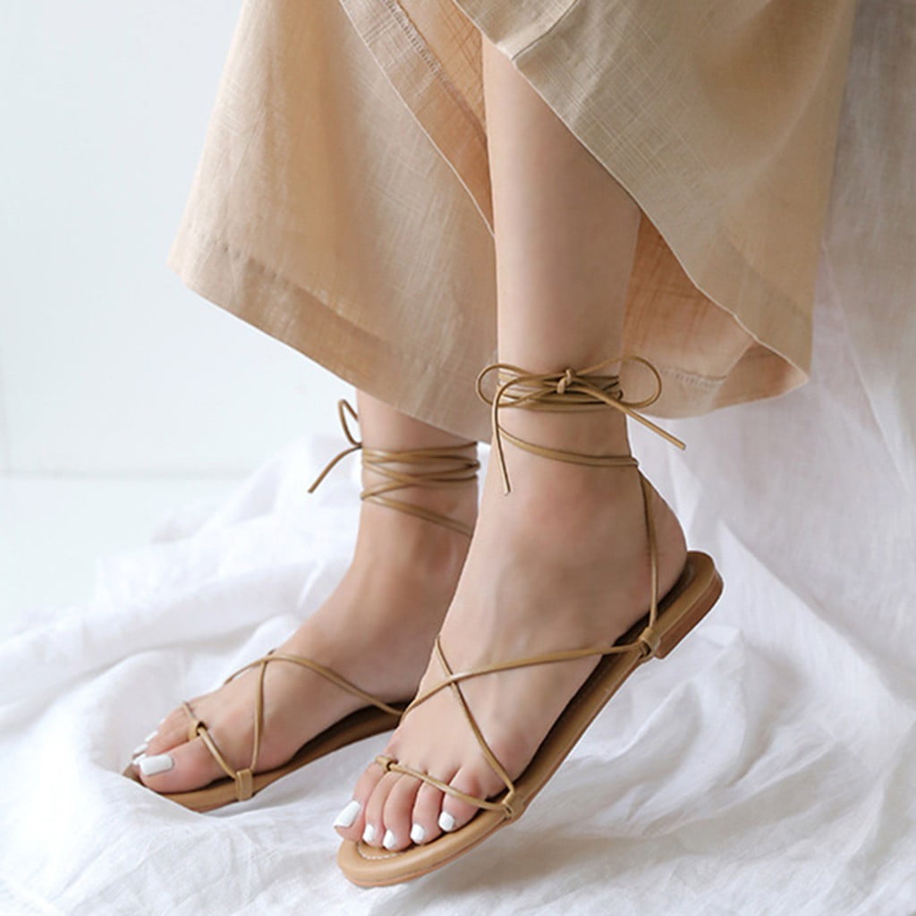 Withered Vice bacon Tangnade Women shoes Women Cross Ankle Strap Tie Tip Toes Sandals Flat With  Summer Beach Shoes Beige 37 - Walmart.com