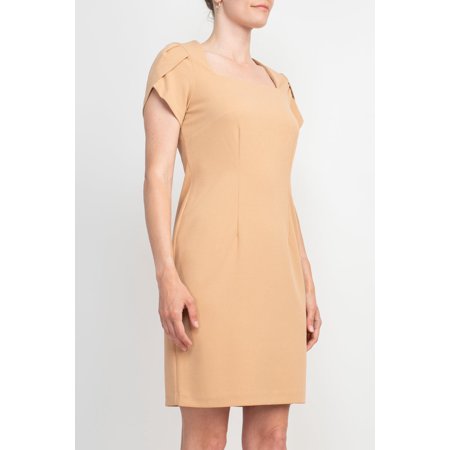 Connected Apparel Square Neck Short Sleeve Zipper Back Bodycon Solid Stretch Crepe Dress-CARAMEL / 6