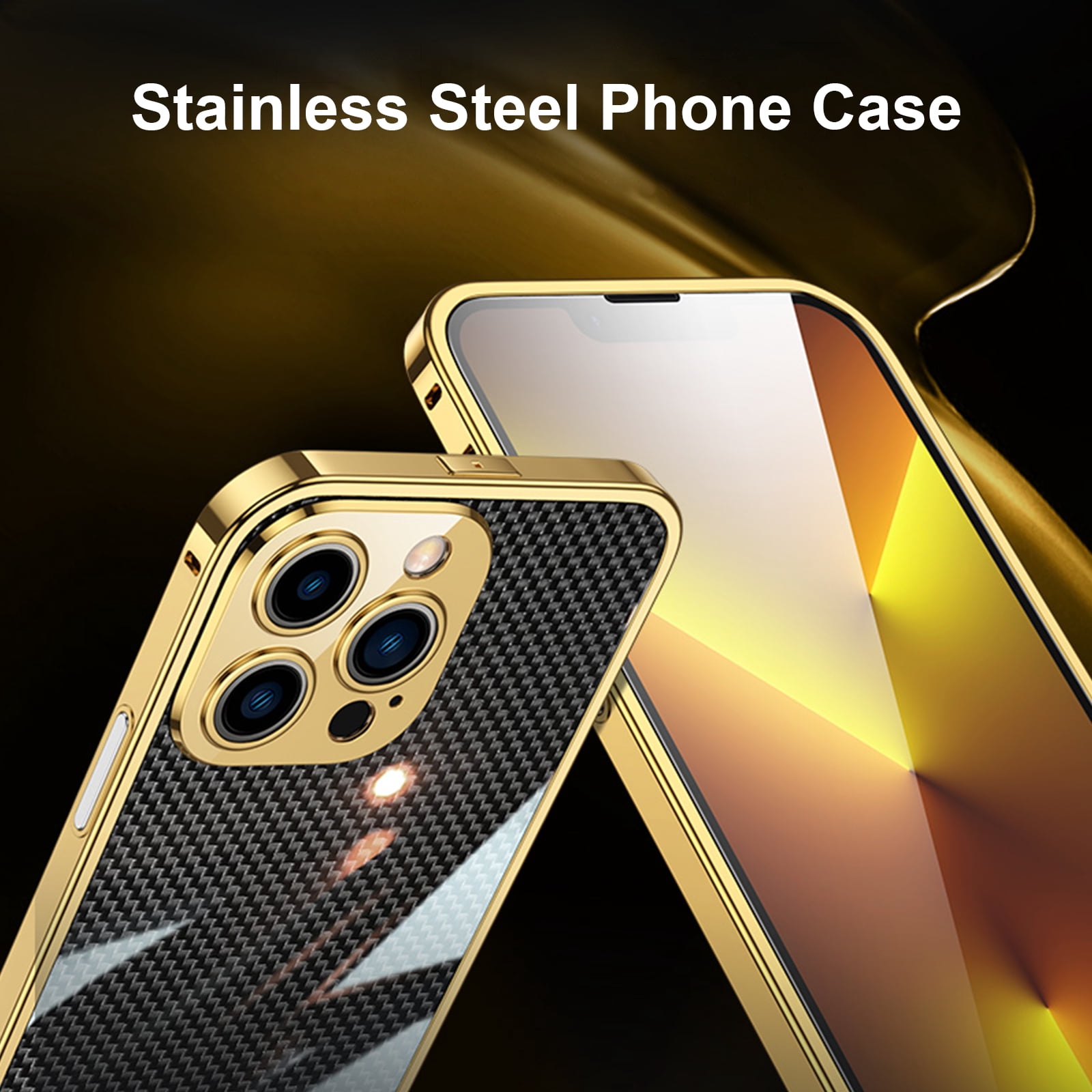 ELEHOLD Luxury Heavy Duty Case for iPhone 14 Pro Max 6.7 Slim Thin Case Stainless Steel Frame Carbon Fiber Back Design All-inclusive Lens Protection Shockproof Case,Silver