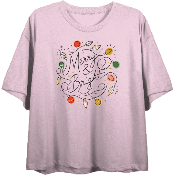 Merry & Bright Christmas Lights Women's Pink Crew Neck Short Sleeve Crop Tee-Medium