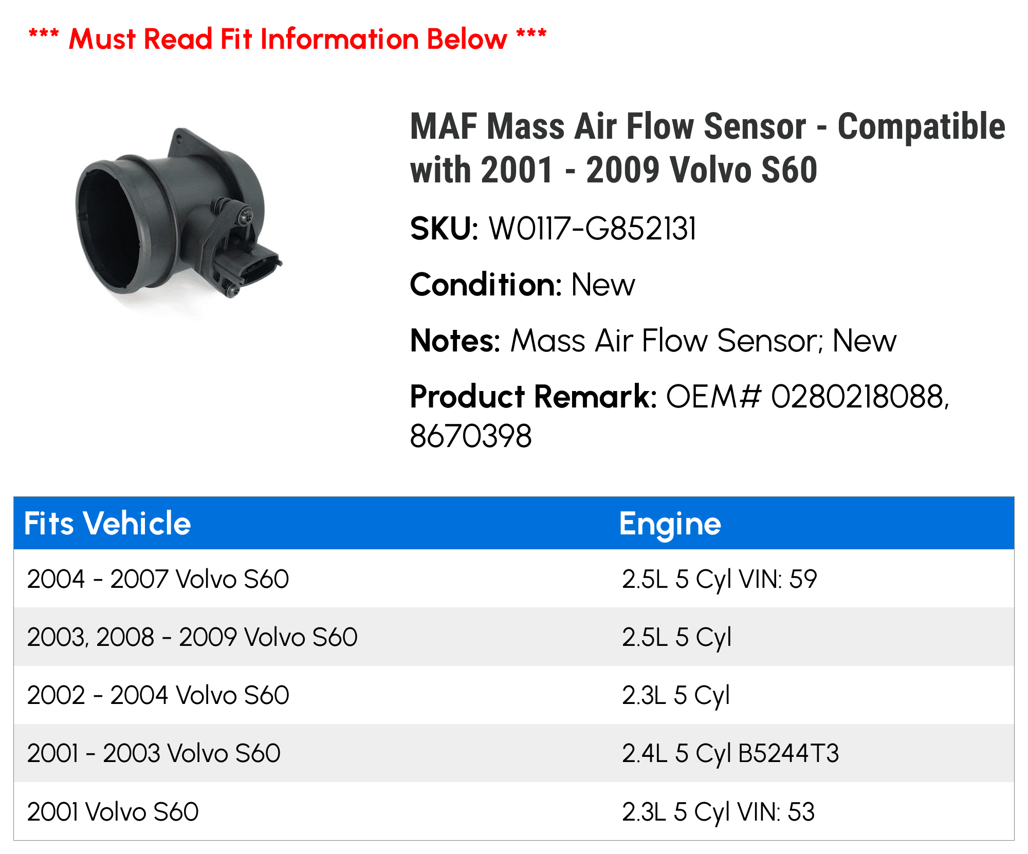 MAF Mass Air Flow Sensor - Compatible with 2001 - 2009 Volvo S60 2002 2003 2004 2005 2006 2007 2008