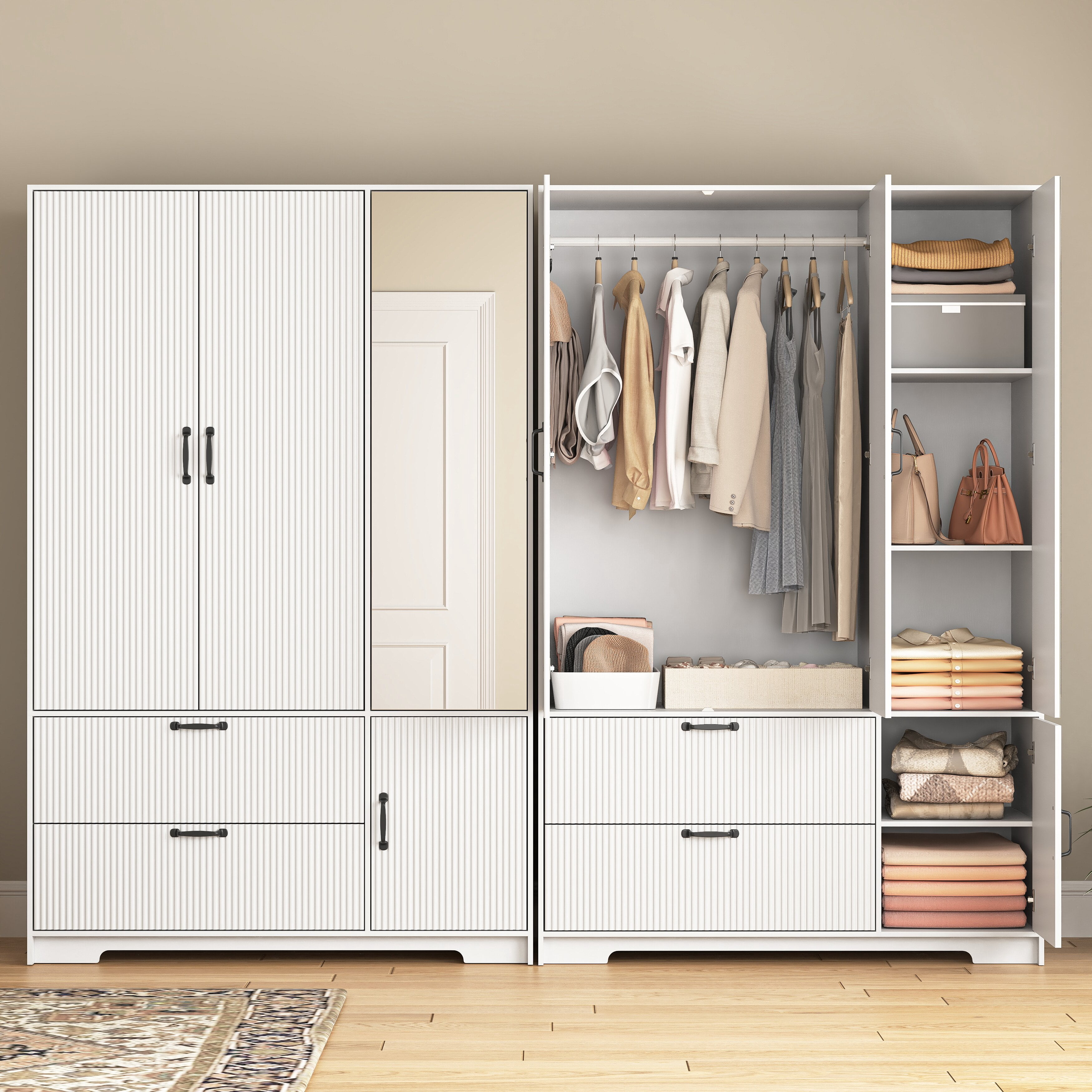 Mintazer Freestanding Wardrobe Armoire with Mirror & 4 Door, 71" Tall Clothing Storage Cabinet with Motion Sensor Light & 2 Large Drawers for Bedroom, White
