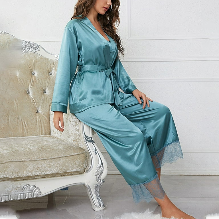 Womens Nightgown Lingerie Satin Chemise Lingerie Nightie Full Slips Sleep  Dress Sleepwear 3 Pieces Of Nightgown 2023 Women Pajama Sets Mint Green L