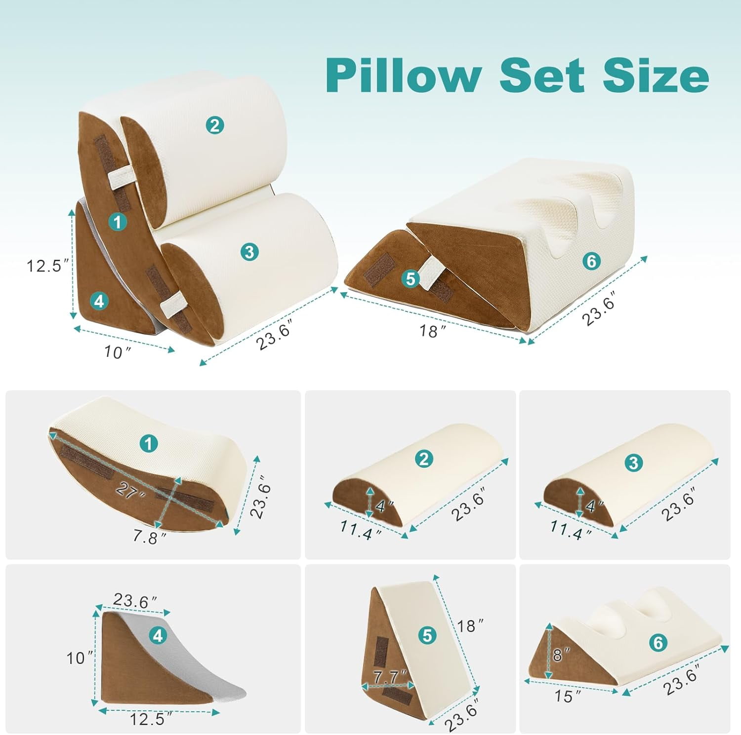 6PCS Orthopedic Bed Wedge Pillow for Sleeping, Adjustable Post Surgery Pillow Set for Body, Back and Leg Pain Relief, Memory Foam Support Pillows for After Surgery, Beige