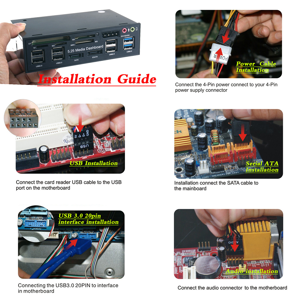 5.25" Internal SATA e-SATA Dual USB 3.0 Hub Six USB 2.0 Five-in-one Card Reader Multifunctional PC Dashboard Media Front Panel Audio for SD MS CF TF M2 MMC Memory Cards Fits