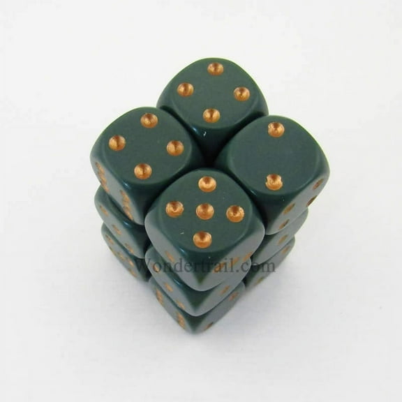 Dusty Green Opaque D6 Dice with Copper Pips 16mm (5/8in) Pack of 12 Dice Chessex