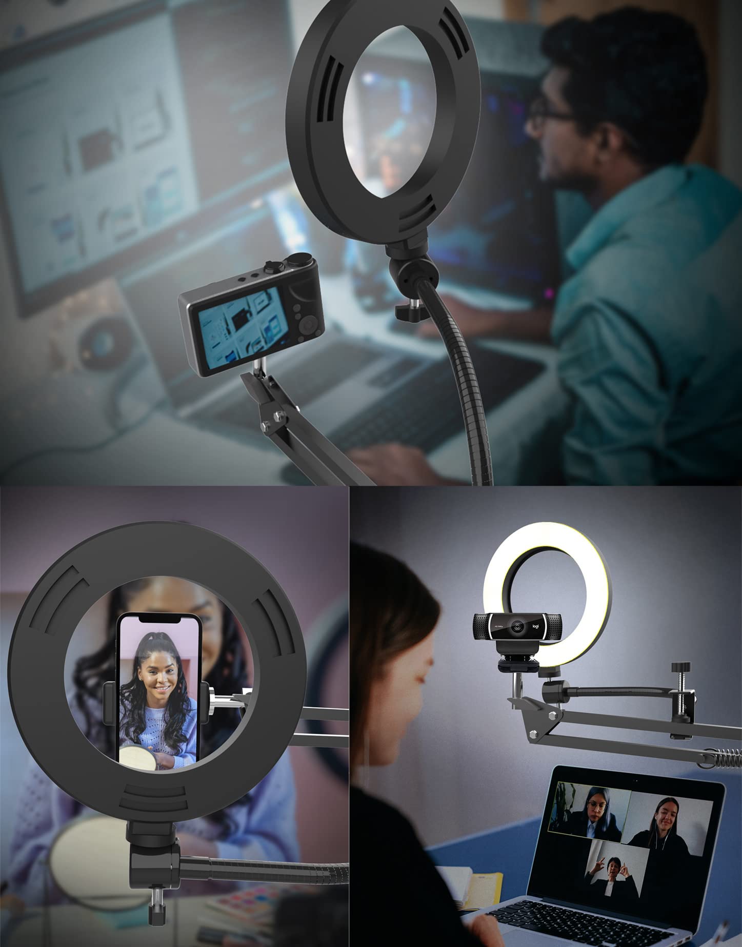 usmallbee Camera Mount with Ring Light Overhead, Flexible Articulating Phone Holder Compatible with iPhone, Logitech Webcam, Computer Tripod for YouTube Live Stream Video Recording