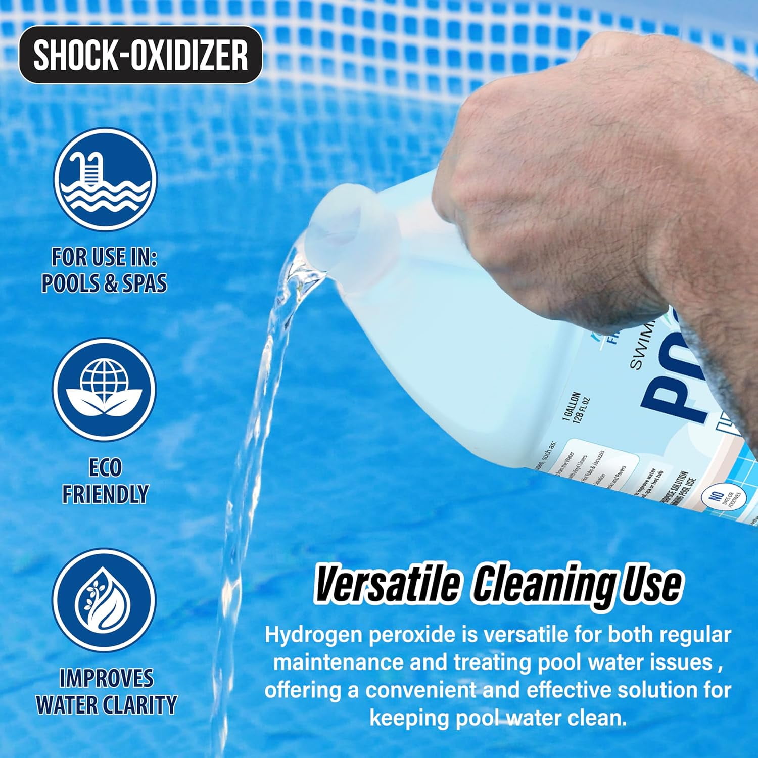 Nature's Freedom 12% Hydrogen Peroxide Pool Shock and Spa Oxidizer, Non-Chlorine Water Treatment for Pools, Spas, Hot Tubs and Cold Plunges, 1 Gallon