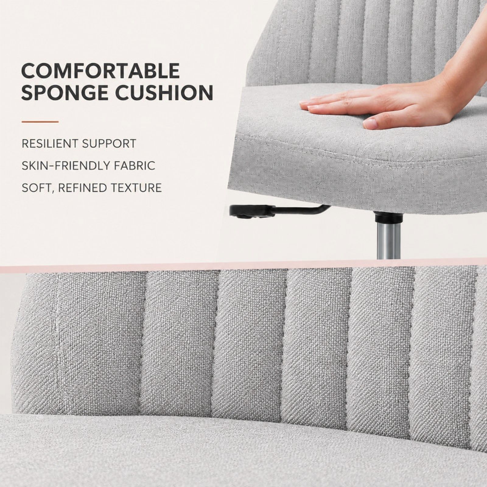 BEAUTYPEAK Armless Vanity Chair Adjustable Swivel Fabric Desk Chair with Padded Seat Wheels Mid-Back Office Chair, Light Gray