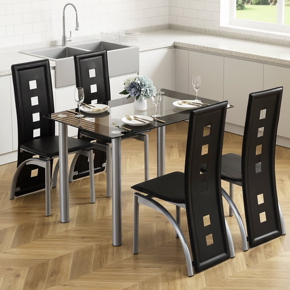 Dining Table for 4, PAPROOS 43" Tempered Glass Kitchen Table, Rectangle Dining Room Table with Stainless Steel Legs for Kitchen Dining Room, Transparent & Black(Only Table)