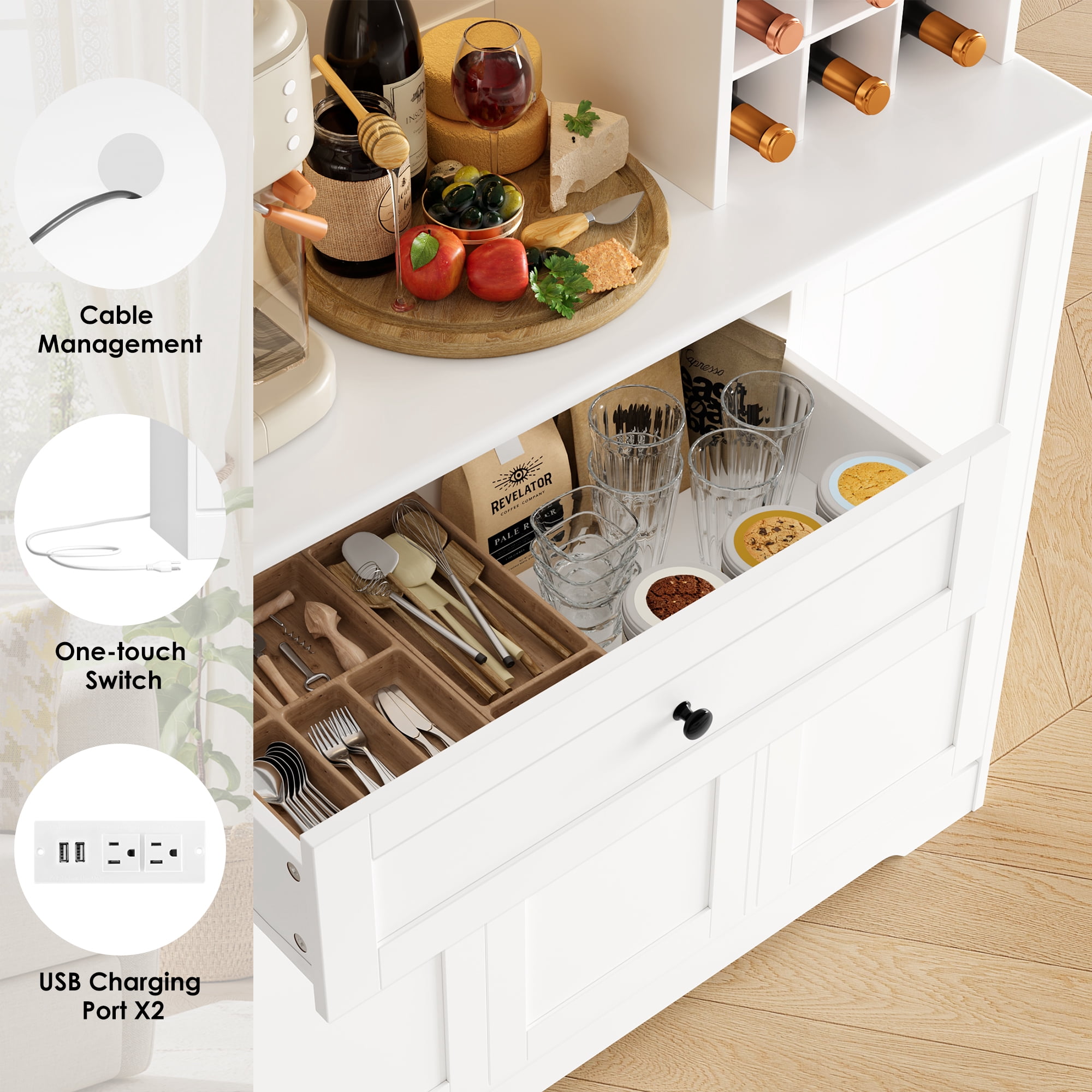 Hiphuta 71" Kitchen Pantry with 7-Color LED Light and Charging Station, Tall Pantry Cabinet with Microwave Stand, Modern Freestanding Hutch with Storage Drawer for Dining Room, White