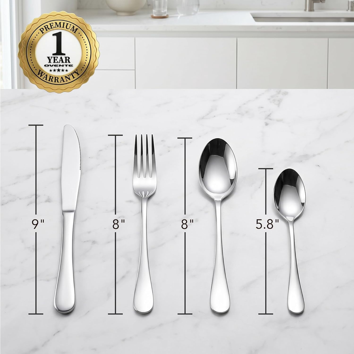 OVENTE 24-Piece Silverware Set Service for 6, Silver FL20241CH | Durable Stainless Steel Flatware Cutlery Utensil with Steak Knives, Forks, Spoons & Teaspoons, Dishwasher Safe