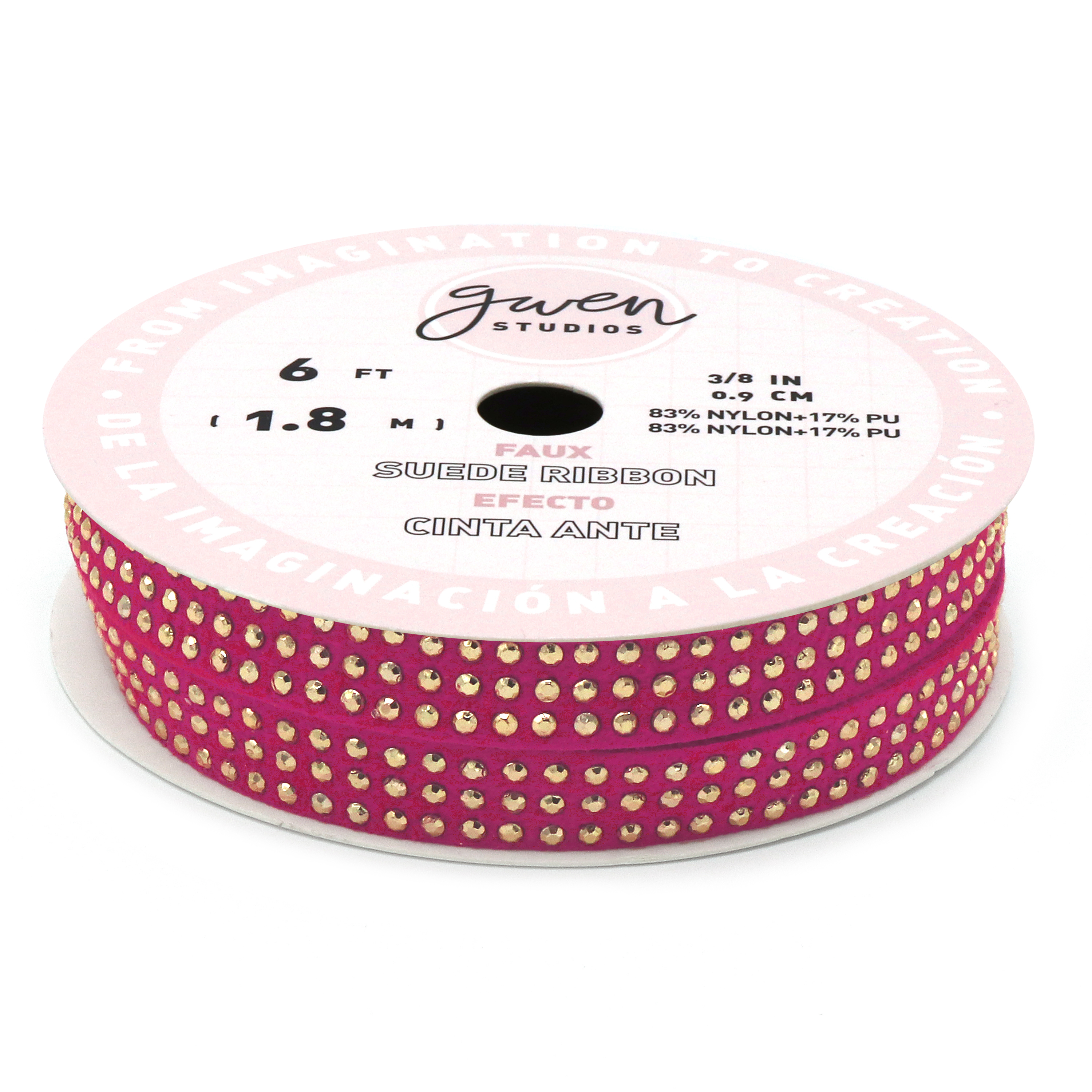 Gwen Studios 3/8" and 5/16" Fuchsia and Tan Studded Faux Leather Trim, 16 Yards