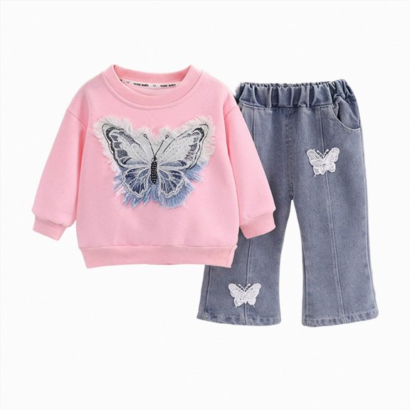 Baby Girls Outfits Girls Cute Print Fall Winter Clothes 9 12 18 Months 2t 3t 4t Toddler Girls Long Sleeve Top Jeans Bell-bottomed Pants 2PCS Set,4-5 Years,Hot Pink
