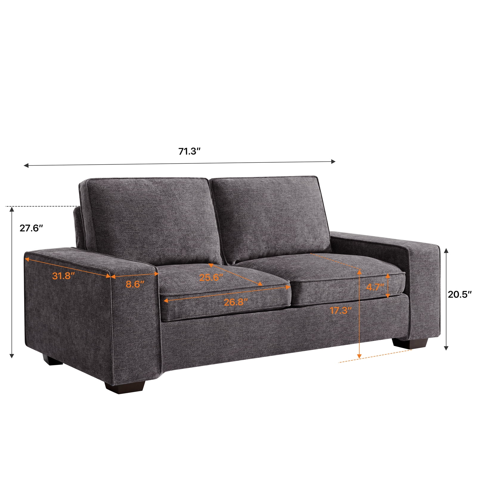 Chenille Loveseat Couch -71.3" Modern Design Sofa with Solid Wood, Metal Frame, Durable，Removable Back Cushion and Seat Cushion, Easy Cleaning(Dark Grey)