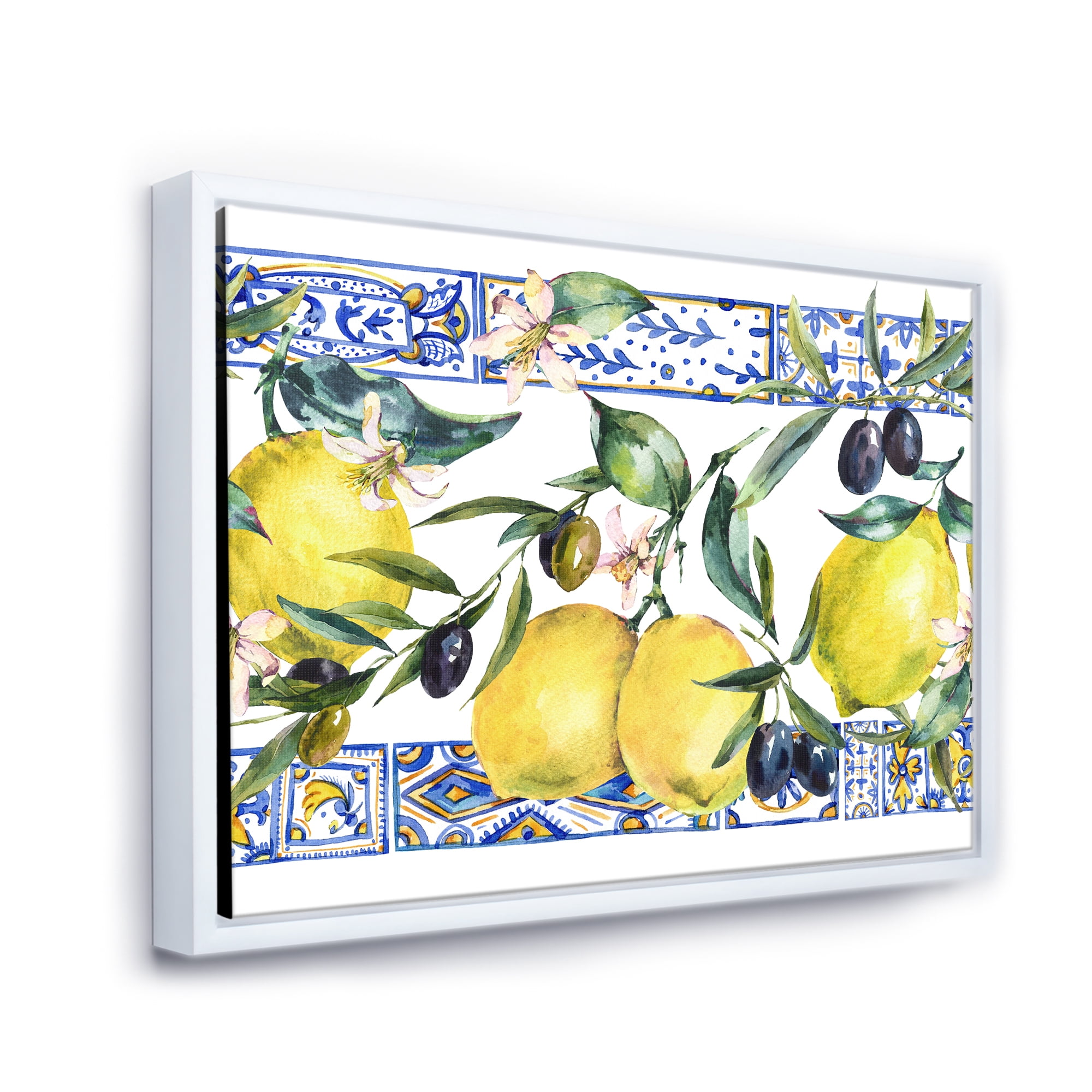 Designart 'Geometrical Pattern of Lemon Ornament On Blue II' Tropical Framed Canvas Wall Art Print