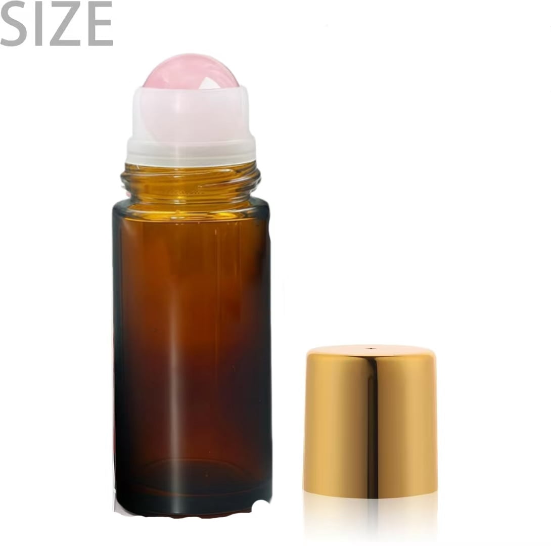 5 Pack Rose Quartz Roller Bottles for Essential Oils, 50ml Refillable Amber Glass Roll On Bottles with Natural Crystal Roller Balls, Leak-Proof Travel Perfume Bottle with Gold Caps
